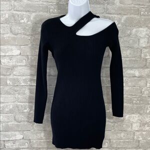 Famous Wang Ribbed Cutout Shoulder Black Sweater Dress